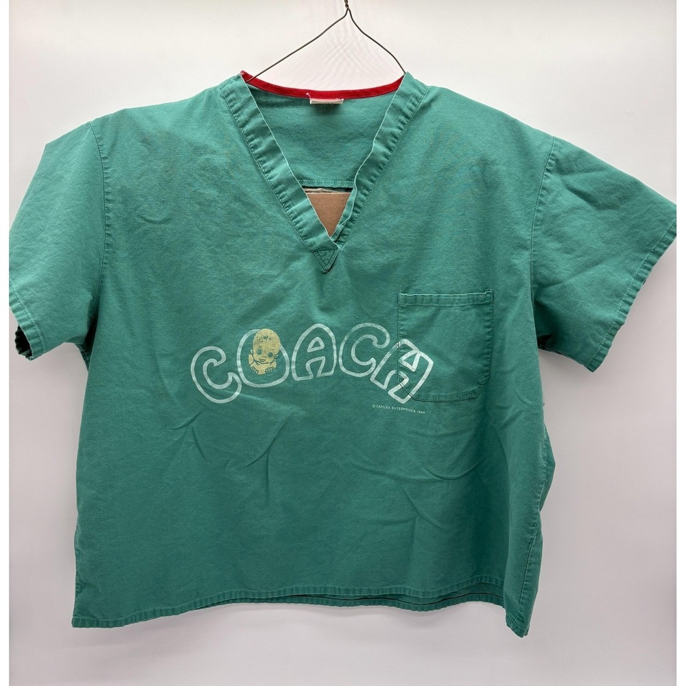 Vintage Angelica Scrub Top Shirt Mens X-Large Green Coach Graphic Made USA 80s - Picture 2 of 7